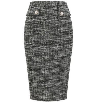 INSPIRE CHIC Women's Office Tweed High Waist Button Decor Elegant Midi Pencil Skirts Small Black | Target