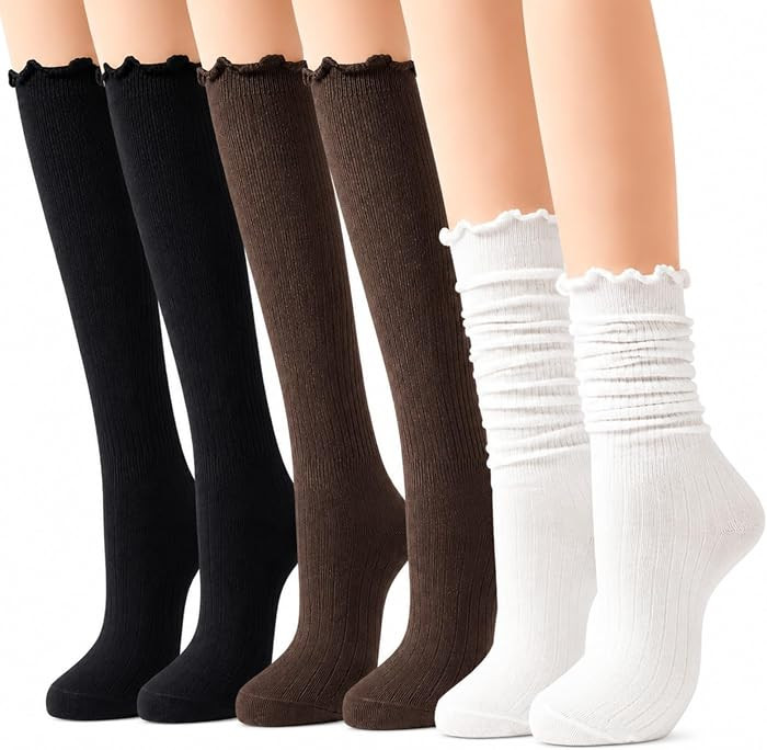 ONEJI 3 Pairs Women's Ruffle Frilly Socks, Cute Slouch Scrunch Knee High Cozy Cotton Lace Stockin... | Amazon (UK)