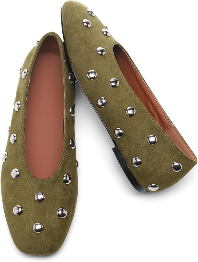 Studded Flats for Women Square Toe Slip on Suede Ballet Flats | Amazon (US)