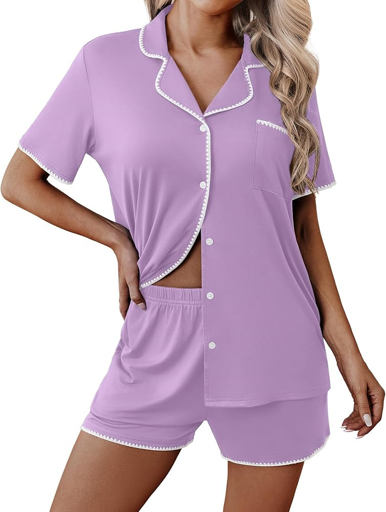 Ekouaer Pajamas for Women Set 2 Piece Soft Button Up Pjs Short Sleeve Summer Lounge Sets Comfy Sl... | Amazon (US)