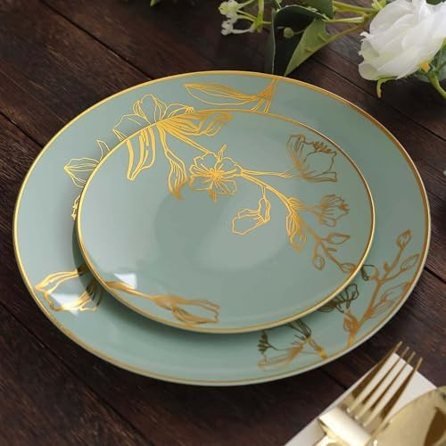 Efavormart Set of 20 Dusty Sage Green Plastic Party Plates With Metallic Gold Floral Design, Disp... | Amazon (US)