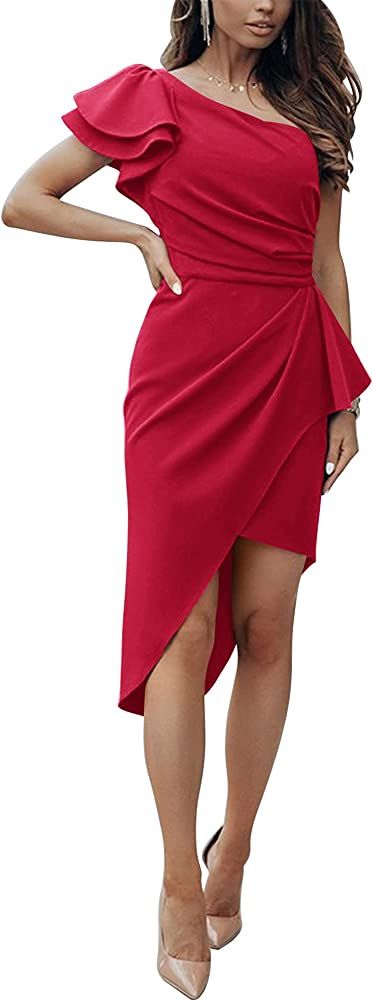 BTFBM Women 2023 Summer Fashion Elegant One Shoulder Cocktail Dress Ruffle Sleeve Wrap Ruched Bod... | Amazon (US)