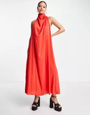 ASOS DESIGN halter drape satin maxi dress in red | ASOS | ASOS (Global)