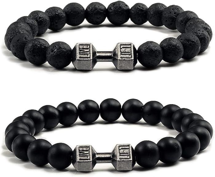 Black Dumbbell Bracelet for Men Gym Bros Bracelet Volcanic Lava Stone Adjustable Natural Stone Be... | Amazon (US)