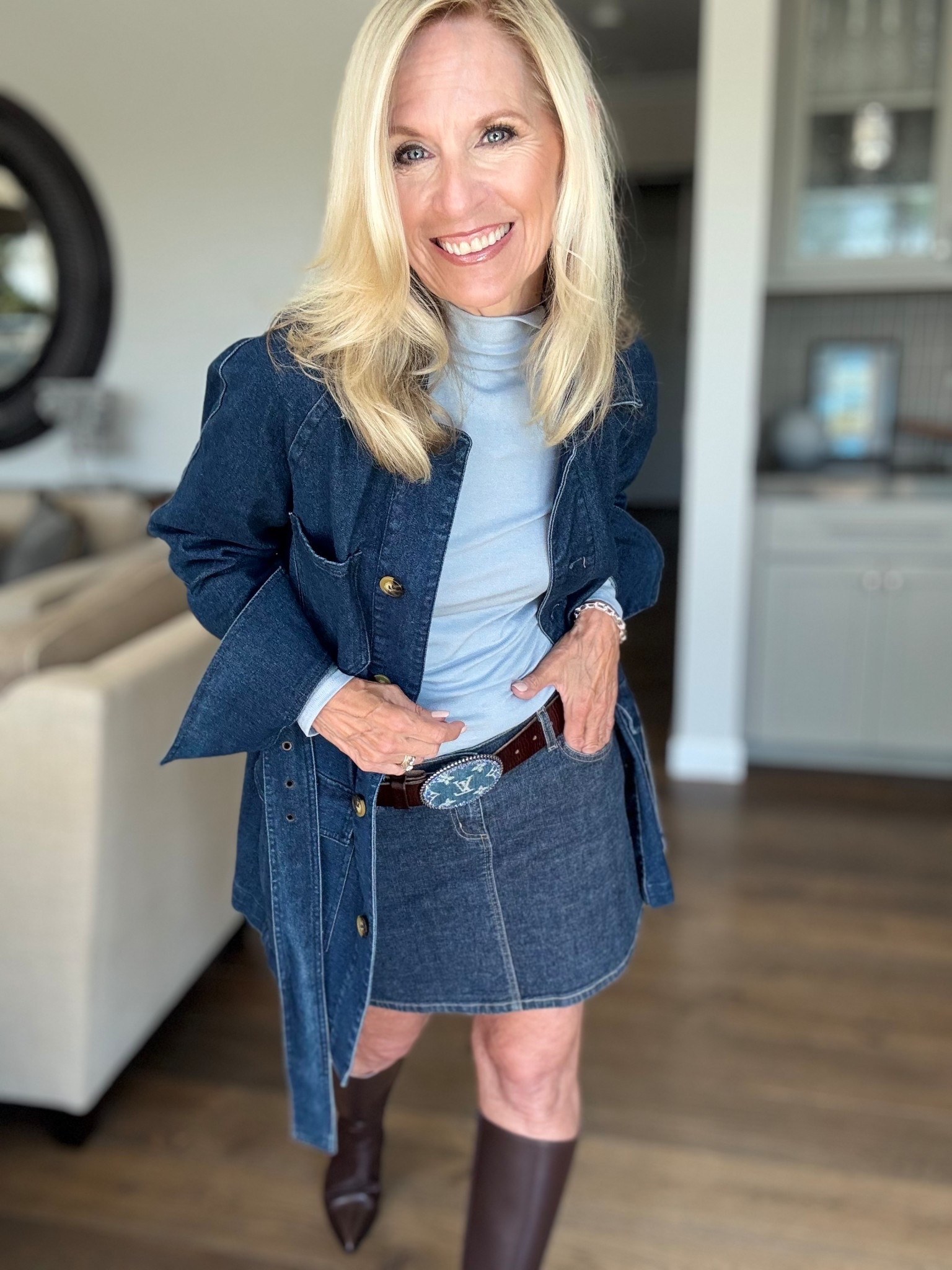 Denim on Denim never gets boring…

This short denim skirt means business with this long denim jacket. I like the short skirt, but what I really like, is the way it meets the hem of the jacket. It feels like these two pieces belong together and I like the way I feel when I wear them together. This short style skirt isn’t for everyone so I will link longer choices as well.

My belt from @bethsbuckles pulls it all together and my brown boots are from @allyshoes ! Use my code DEBORAHSORLIE10 for 10% off.

Follow me for more 50+ style inspiration.

#LTKStyleTip #LTKOver40