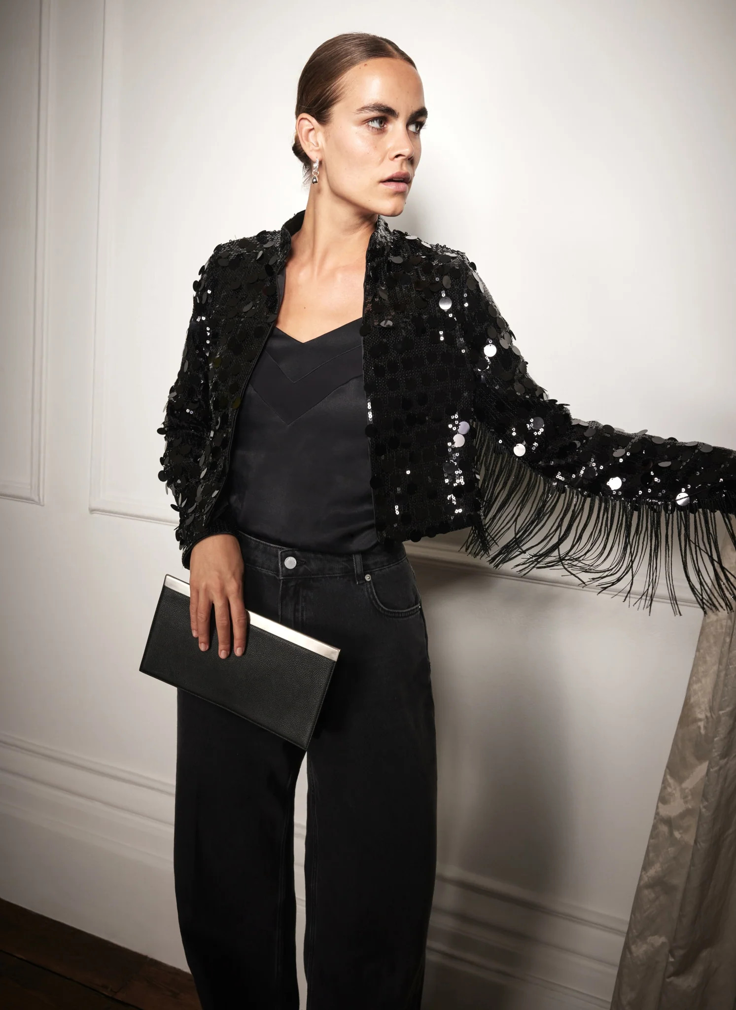 Black Sequin Fringed Shrug | Mint Velvet