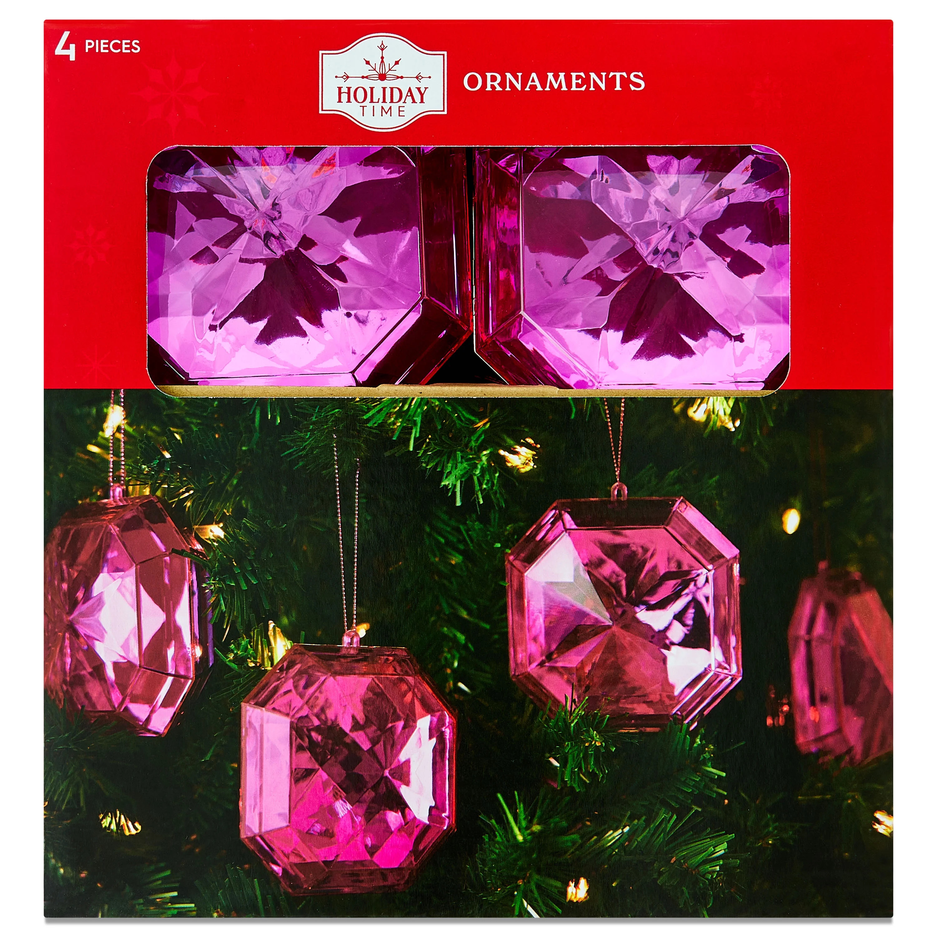 4 Count Dark Pink Square Gem Christmas Ornaments, 4", by Holiday Time | Walmart (US)