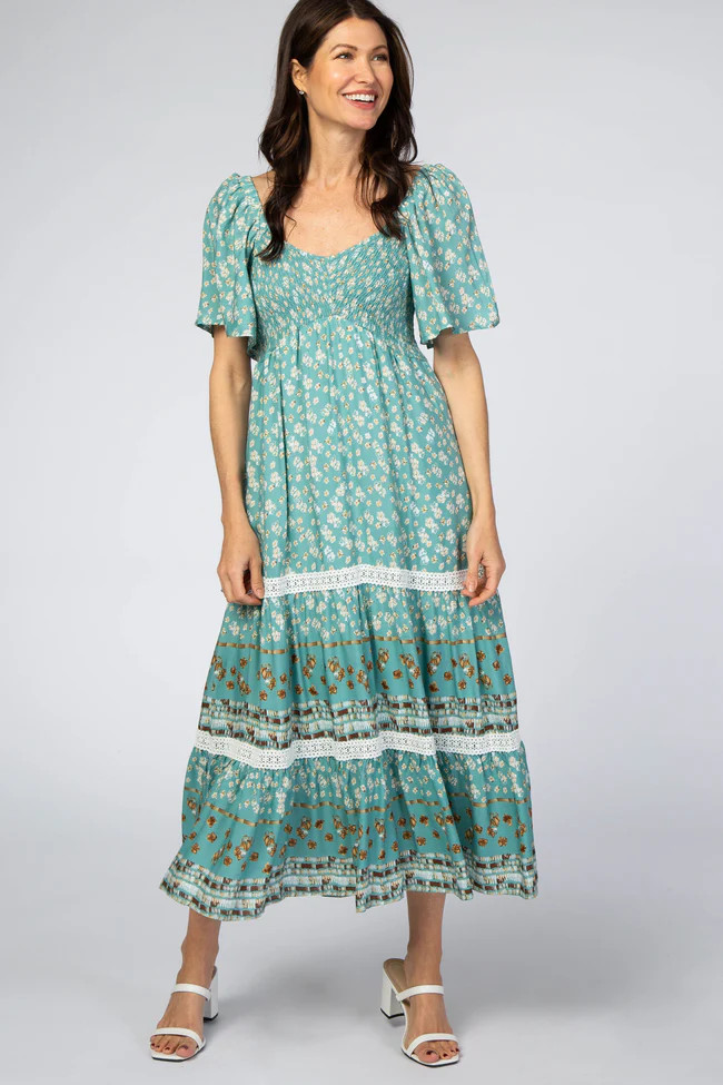 Blue Printed Smocked Midi Dress | PinkBlush Maternity