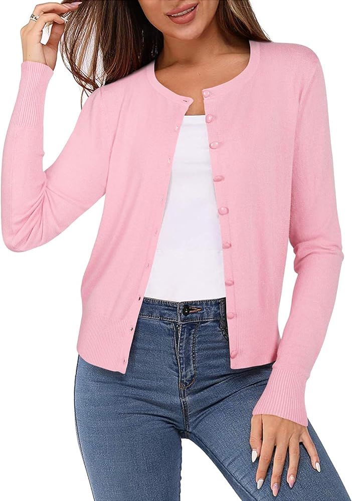 Newshows Women's Solid Button Down Long Sleeve Classic Crew Neck Knit Cardigan Sweater | Amazon (CA)