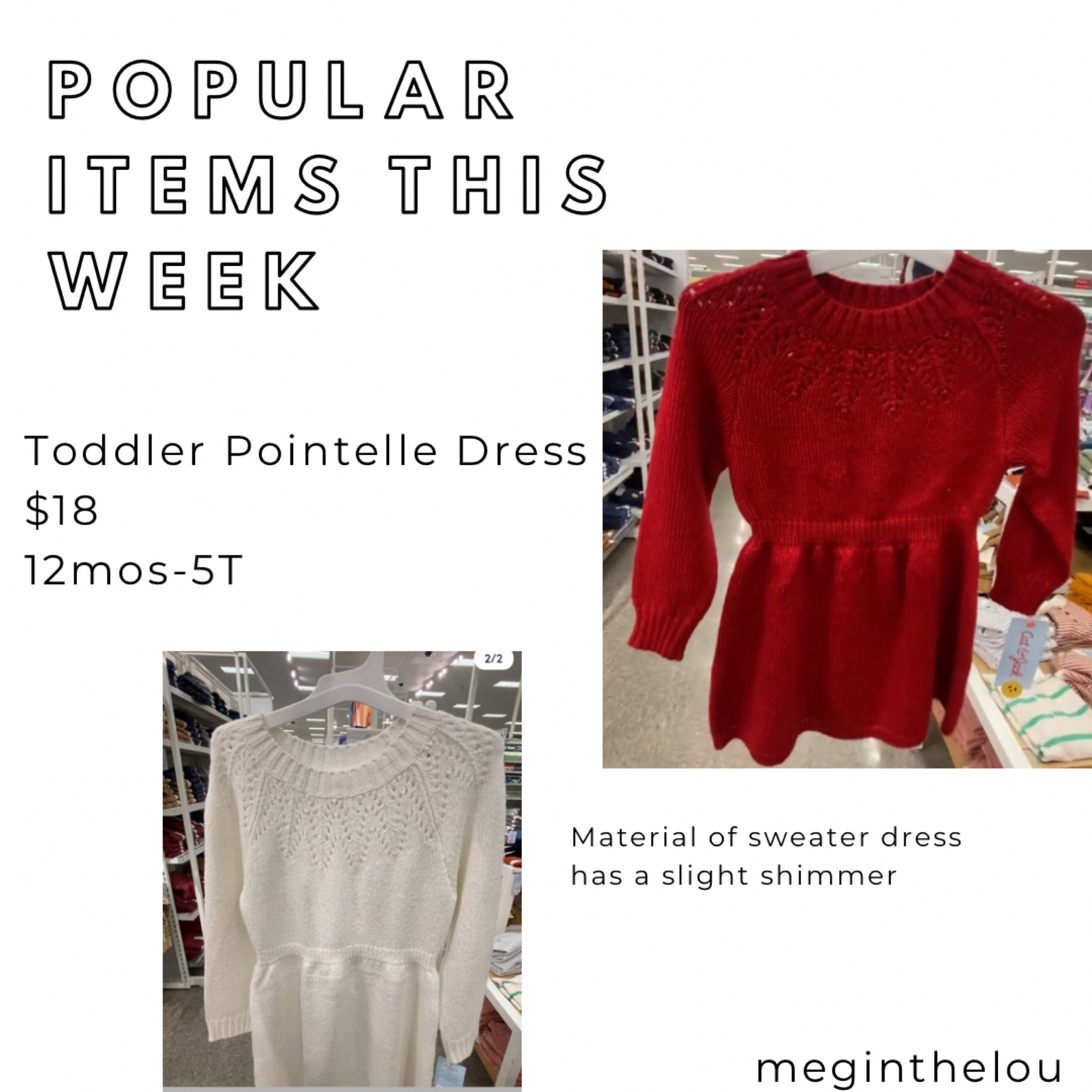 toddler sweater dress - $18 

#LTKids #target #targetsale #catandjack #toddlergirl #toddlerdress #sweaterdress #toddlerchristmasoutfit #under20  #budgetfinds #budgetfriendly #LTKHoliday

#LTKStyleTip #LTKKids #LTKFindsUnder50