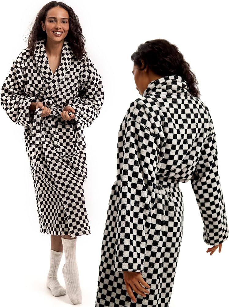 Bathrobe for Women - Terry Cloth Robe for Women and Men - 100% Cotton Checkered Bathrobe | Amazon (US)