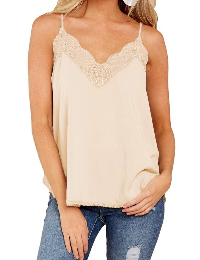 Summer Chiffon Tank Tops for Womens Lace Cami V Neck Spaghetti Strap Sexy Camis Sleeveless T-Shir... | Amazon (US)