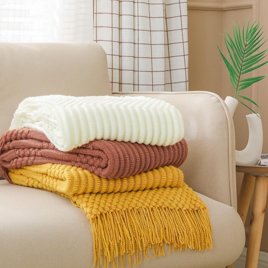 BOURINA Throw Blanket-50 x60 Almond, Textured Solid Soft SofaThrow, Knitted Decorative Throw Blan... | Amazon (US)