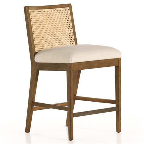 Annette Coastal Beige Performance Natural Woven Cane Wood Frame Counter Stool | Kathy Kuo Home