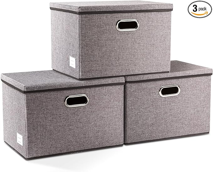PRANDOM Large Collapsible Storage Bins with Lids [3-Pack] Linen Fabric Foldable Storage Boxes Org... | Amazon (US)