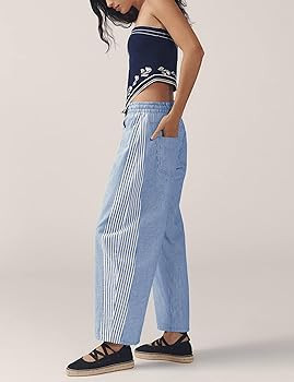 SCUSTY Women's Baggy Wide Leg Jeans Mid Rise Barrel Denim Ankle Pants Casual Striped Pull On Draw... | Amazon (US)