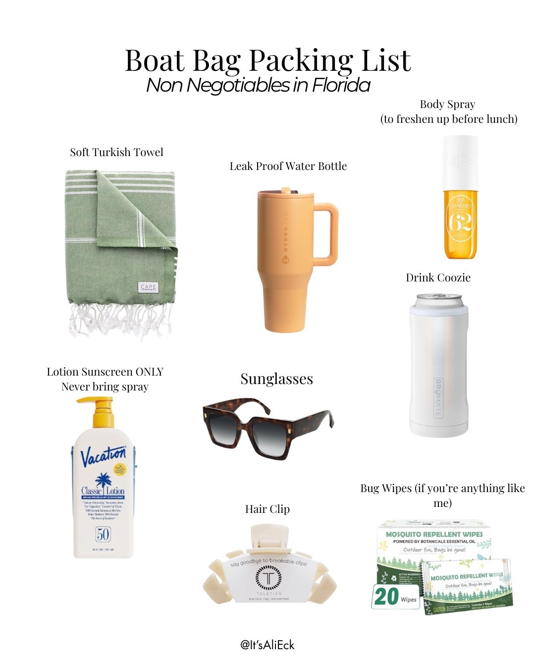 Sharing some boat bag essentials you’ll find with me anytime I’m getting on the boat! You never know what the day holds so I always like to pack things to keep me fresh and ready for adventure here in SWFL. 

Owning a boat and being married to a boat man we have a few rules I would love to share: never use spray sunscreen on the boat (it goes everywhere and makes cleaning the boat that much harder), never bring GLASS on a boat it’s so dangerous and you don’t want anyone getting injured, always bring sunglasses because the sun reflecting from the water will burn your eyeballs! If you can invest in a good pair, or bring cheapies incase you’re accident prone 🤣

I hope this helps you on your next boat day  