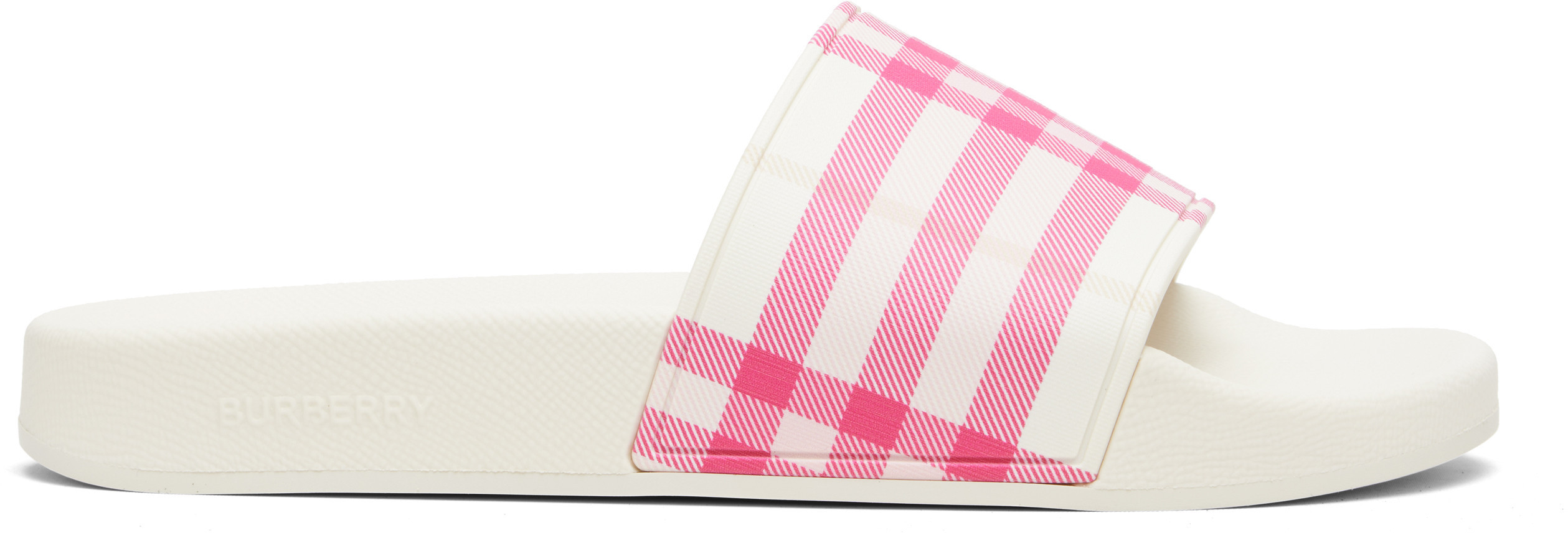 Burberry Off-White & Pink Check Slides | SSENSE