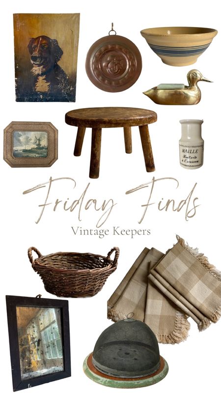 Friday Finds - Vintage Keepers
Ship copper mold, French wire food cloche and tray, brass duck soap dish, tabletop wooden stool, tan buffalo check napkins with fringe, antique fixed glass mirror, antique yellow ware mixing bowl, vintage dog oil painting, vintage ship copper mold, vintage French advertising maille pot, vintage ship print, harvest wicker basket

#LTKSeasonal #LTKhome