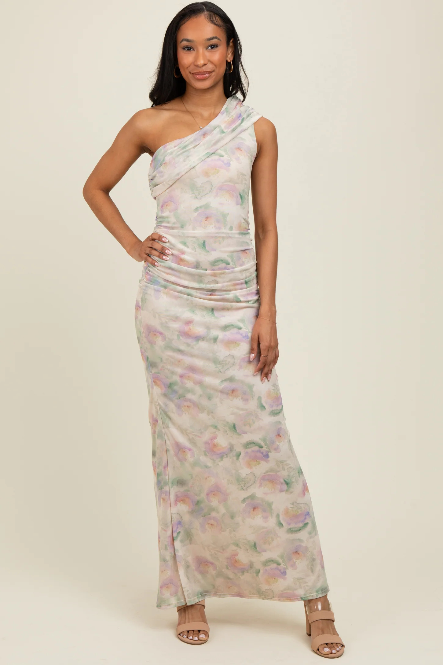 Light Pink Floral One Shoulder Ruched Maxi Dress | PinkBlush Maternity