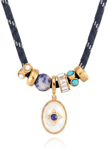 Statement Cord Rope Necklace - Chunky Blue Heart/Gold Shell/Pearl Charm Necklace, Natural Stone Z... | Amazon (US)