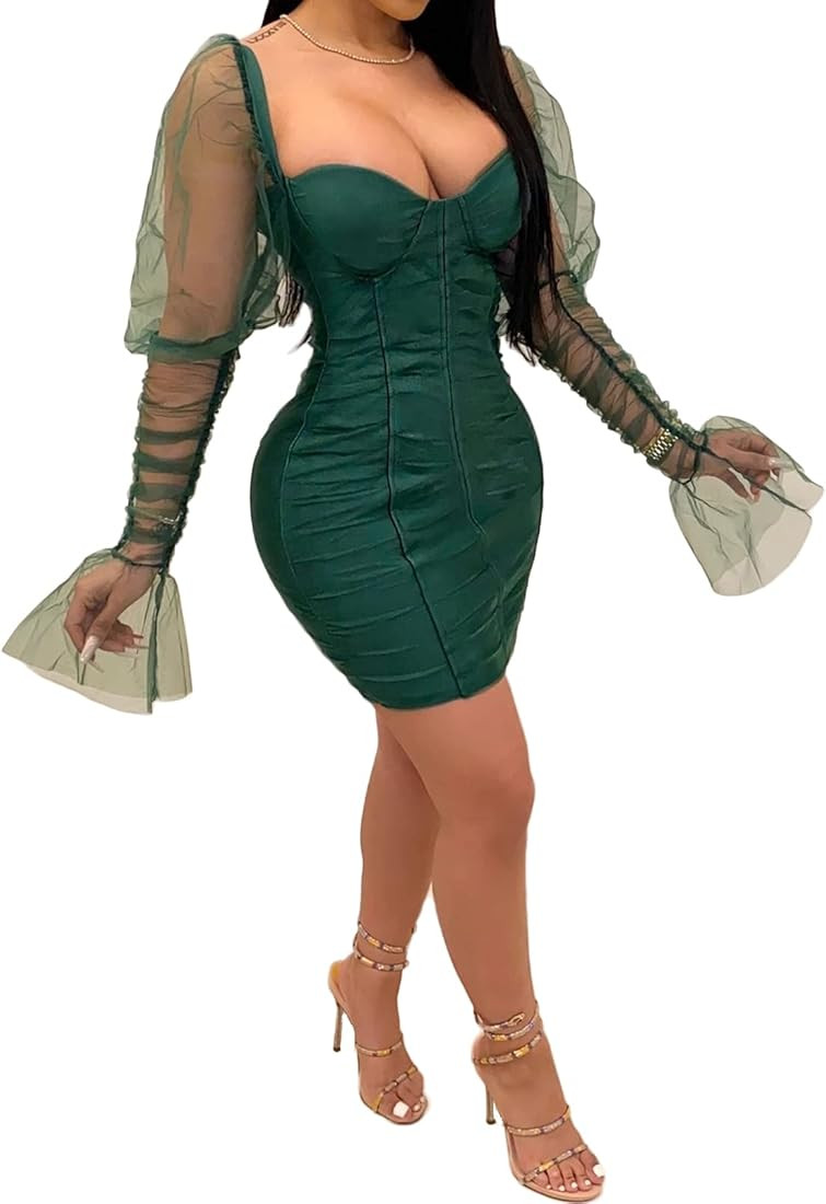 Uni Clau Women Sexy Mesh Sheer Puff Long Sleeve Mini Dress Bodycon Deep V Neck Patchwork Party Cl... | Amazon (US)