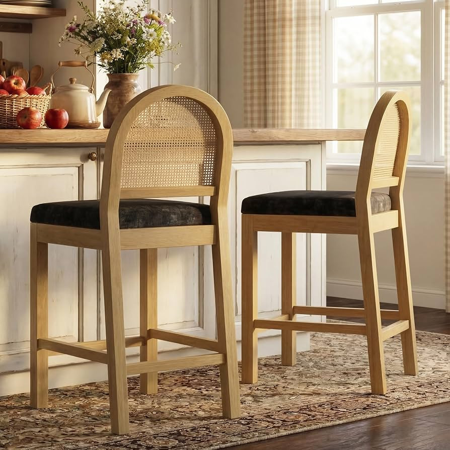 STHOUYN Rattan Bar Stools Set of 2, Wooden Counter Height Stools with Natural Rattan Woven Back a... | Amazon (US)