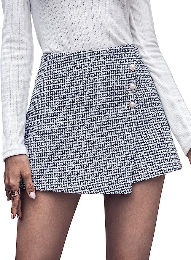 Floerns Women's Tweed Wrap Button Front High Waist Asymmetrical Skirt Shorts | Amazon (US)