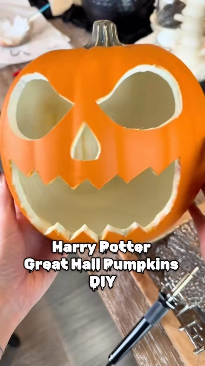 Save this for your next Harry Potter themed Halloween DIY! 

🎃 Harry Potter floating pumpkins:
Craft Pumpkins
Paint (orange, green, brown) 
Wood stain (dark brown)
Hot Craft Knife 
Clear Craft Line
Remote Controlled Tea Lights 

✨Draw a face on the pumpkin with a marker, and then use a craft hot knife to cut the pumpkin (in a well ventilated area!). Dry brush depth and color onto your pumpkin with acrylic paint, and after that dries, apply a thin layer of wood stain to the pumpkin and wipe off the access. This gives the pumpkin dimension and makes it look more realistic, versus a flat bright orange. 
After it dries, use a small drill bit to drill a hole horizontally through the stem of the pumpkin, and then feed your clear craft line through it for hanging. Tie it off, and your pumpkins are ready to hang! I just use command strips! If you want them to light up, add remote controlled tea lights inside! 

#harrypotter #hagrid #hogwarts 
Harry Potter @harrypotterstyle 
Hogwarts 
Halloween 
Hagrid