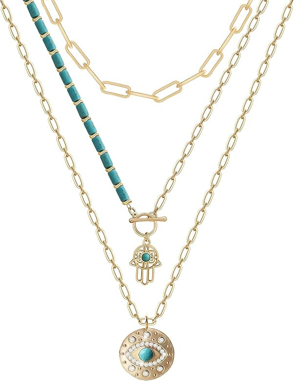 uqvn Evil Eye Necklace for Women Girls Layered Turquoise Choker Necklace Set | Amazon (US)
