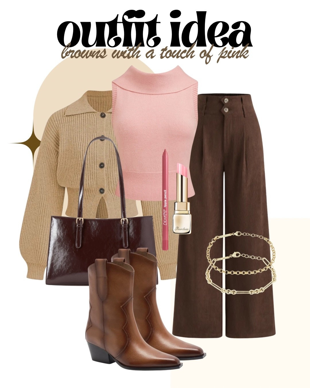 Browns, but make it soft + chic 🤎🎀 This “neutrals with a touch of pink” look is the perfect balance of cozy and elevated — wide-leg brown trousers paired with a blush knit top, layered with a textured cardigan and finished with western-inspired boots for effortless fall polish. Add a glossy tote and delicate gold bracelets for that subtle luxe feel.

Every piece is versatile, flattering, and easy to style for work, brunch, or weekend plans. Tap to shop your new go-to fall uniform before these sell out 🍂

#LTKfinds #LTKfall #LTKstyle #FallOutfitInspo #BrownOutfit #PinkAndBrown #NeutralStyle #CozyChic #AutumnWardrobe #WideLegTrousers #CowboyBootStyle #CapsuleWardrobe #AffordableStyle #ShopTheLook #EverydayChic

#LTKFindsUnder100 #LTKOver40 #LTKootd