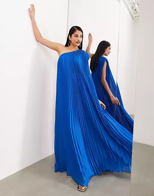 ASOS EDITION extreme pleated one shoulder maxi dress in bright blue | ASOS (Global)