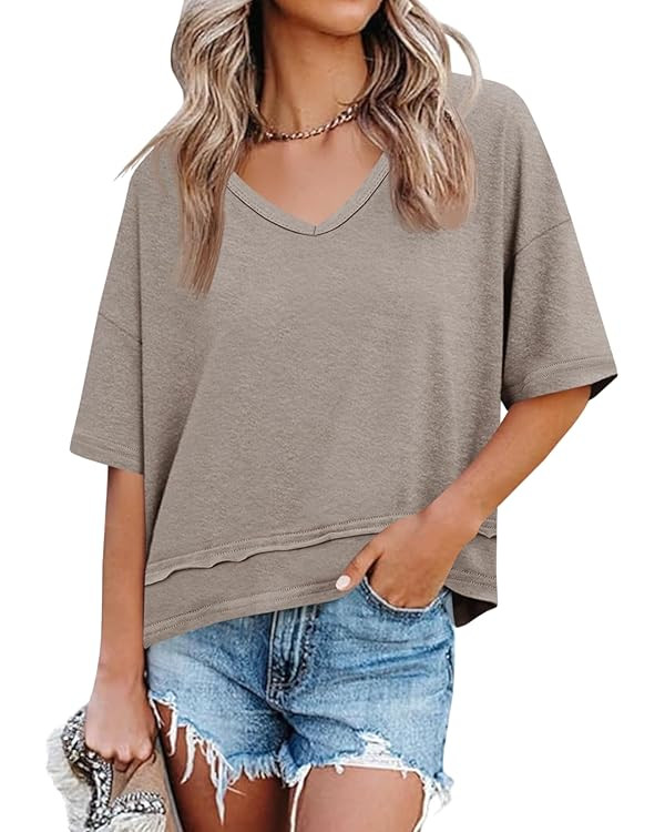 Cicy Bell Womens Summer V Neck T Shirts Loose Fit Oversized Casual Tops | Short sleeve, Spliced h... | Amazon (US)
