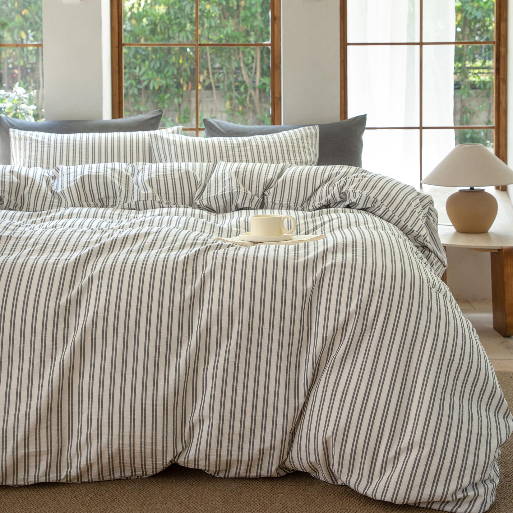 Striped Duvet Cover Set,100% Washed Cotton Line Like Breathable Trendy Bedding Set(Strip-White/Bl... | Amazon (US)