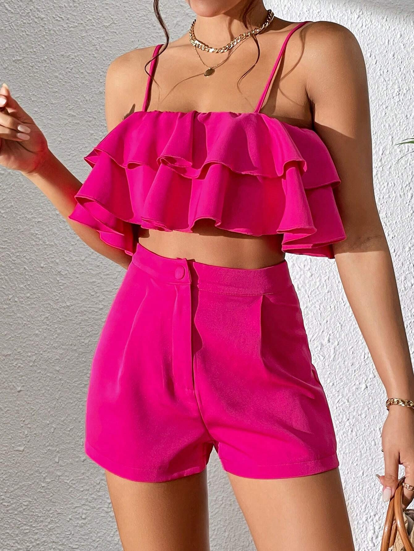SHEIN VCAY Ruffle Trim Cami Top & Shorts | SHEIN