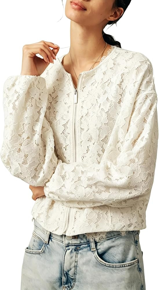 Women Lace Crop Jacket Floral Long Sleeve Zip Coat | Amazon (US)