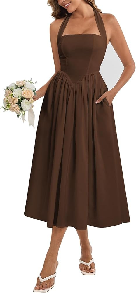 Parthea Women's Summer Halter Corset Midi Dress 2025 Elegant Smocked Flowy Wedding Guest Dresses ... | Amazon (US)