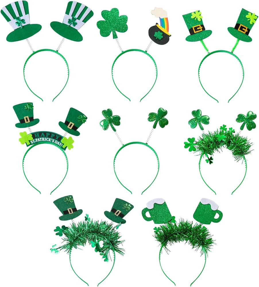 8Pcs St. Patrick's Day Headbands, Green Shamrock Clover Hats Headband Boppers, Saint Patricks Day... | Amazon (US)