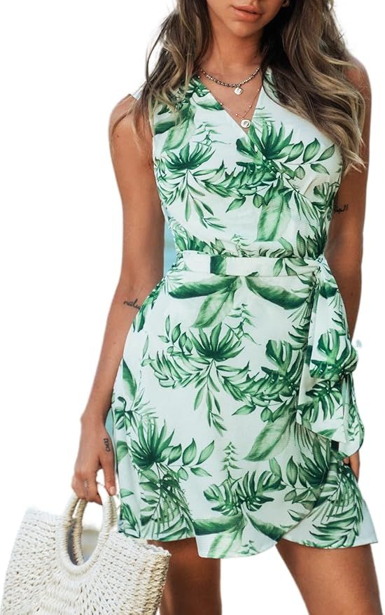 CUPSHE Women Beach Tropical Leaf Wrap V-Neck Cover-Up Dress Summer Tanks Dress with Belt | Amazon (US)