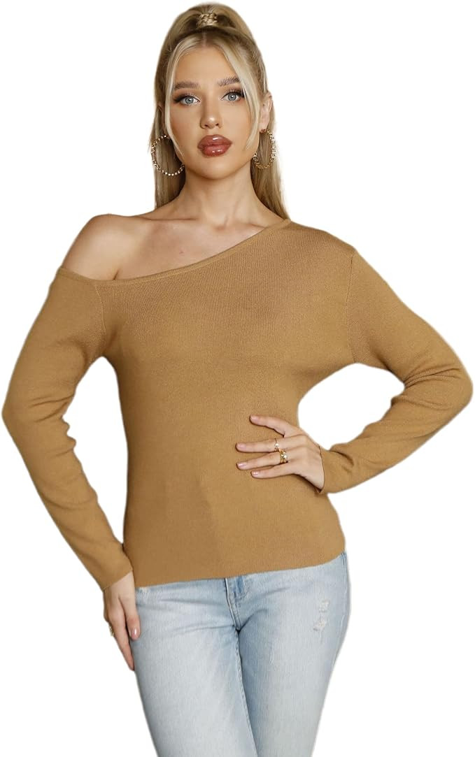 JLCNCUE Women's Long Sleeves Off Shoulder Casual Sweater Sexy One Shoulder Pullover Tops Knit 208... | Amazon (US)
