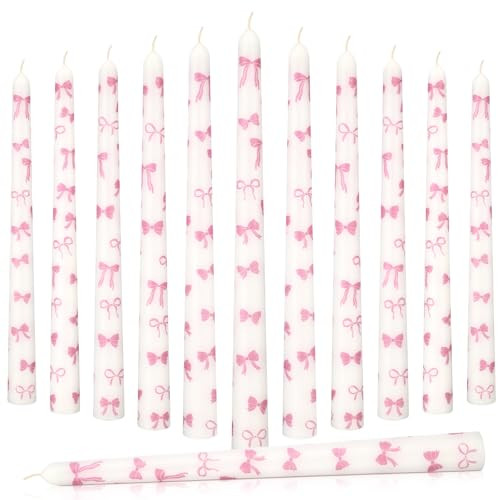 Conelist 12 Pcs Pink Bow Taper Candles 10 Inch Valentine's Day Tall Bow Print Pillar Candles Bow Themed Party Suppies Coquette Decorations for Valentine's Day, Birthday, Wedding, Anniversary Dinner | Amazon (US)