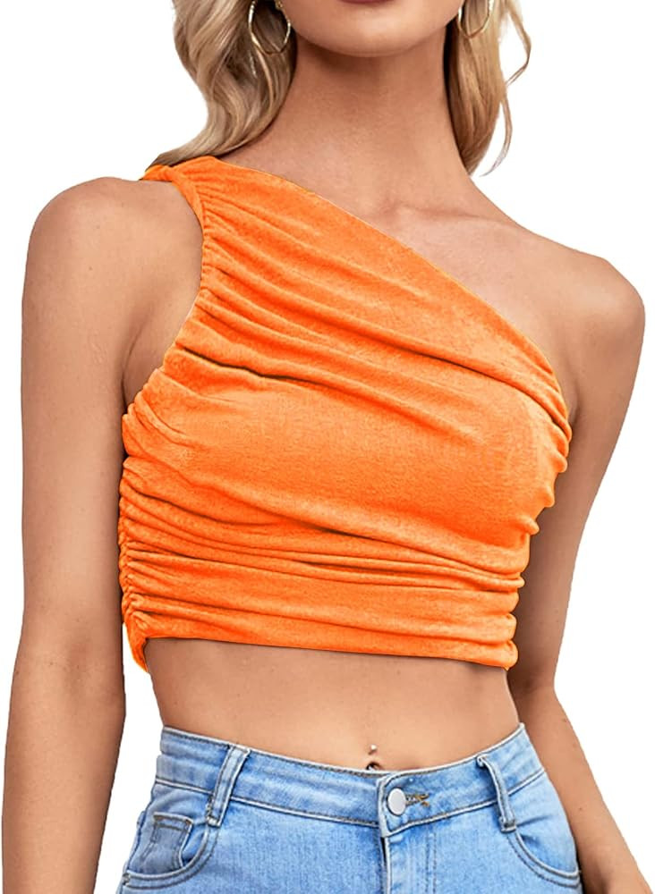 One Shoulder Tops For Women Sexy Ruched One Shoulder Sleeveless Crop Top Tank Tops Ruched Slim Vest  | Amazon (US)