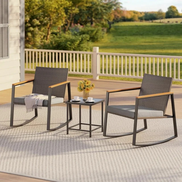 Aiho 3 Pieces Rocking Patio Furniture Set, Wicker Outdoor Chair Set with Coffee Table for Garden,... | Walmart (US)
