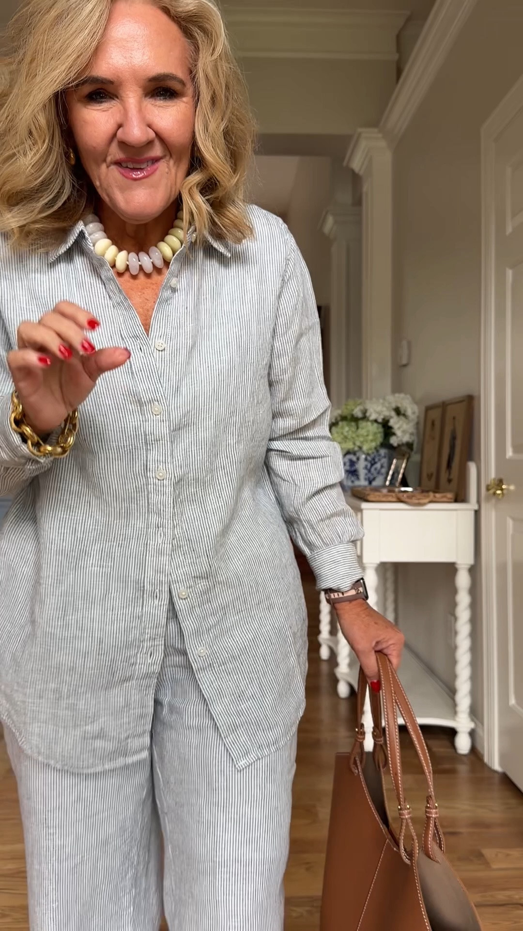Linen long sleeve blouse and tapered pants. Color is blue pinstripe 
They’re pull on and have belt loop so you could add a belt for a more formal look. I’m wearing a medium in both.

Summer outfit, vacation outfit fit, hot weather outfit linen set two piece set

#LTKOver40 #LTKootd #LTKSeasonal