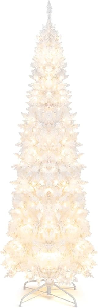 Goplus 7ft White Pre-Lit Pencil Christmas Tree, Artificial Hinged Slim Tree with 800 Tips, 300 Wa... | Amazon (US)