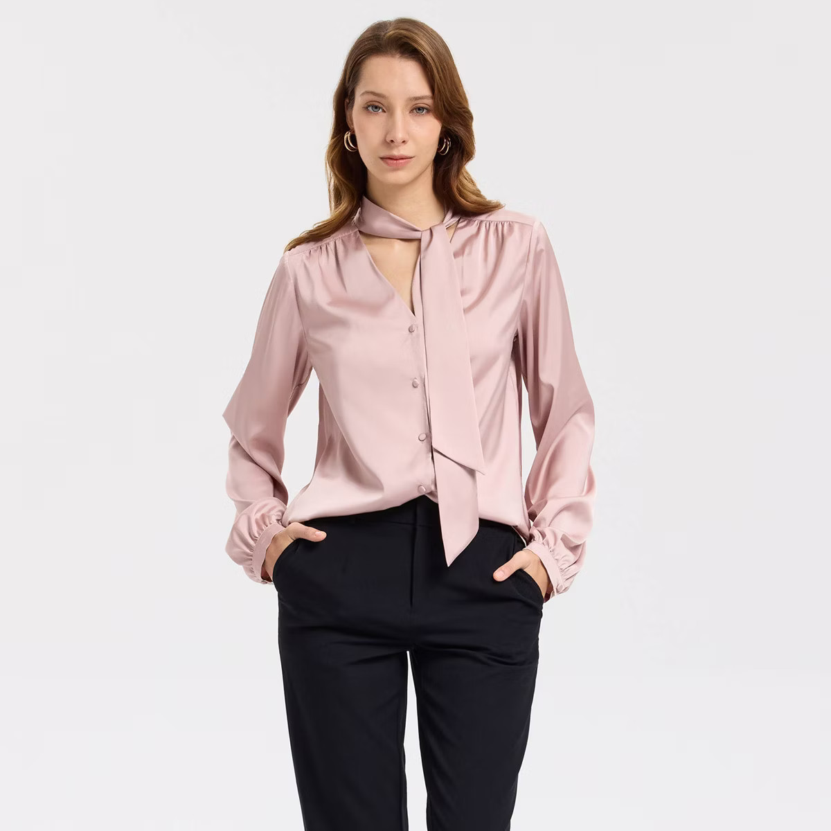 Women's Bishop Long Sleeve Satin Twill Tie Collar Blouse - A New Day™ | Target