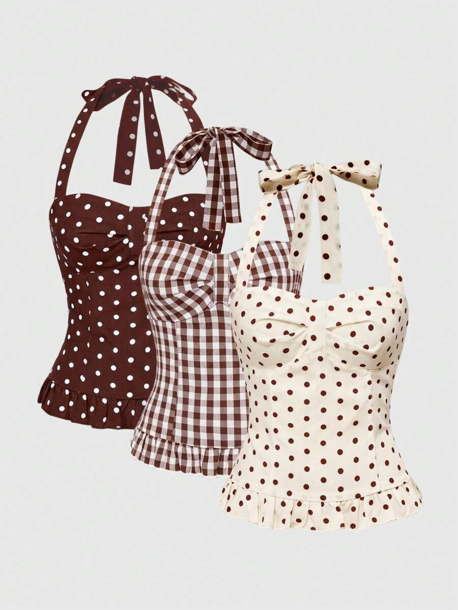 ROMWE Avant Women's Romantic Vacation Style Polka Dot & Plaid Backless Halter Neck Camisole Set | SHEIN