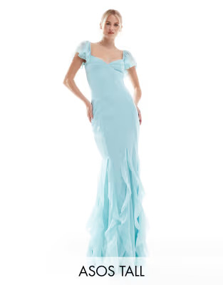 ASOS DESIGN Tall flutter sleeve maxi dress with ruffle godets in blue | ASOS (Global)