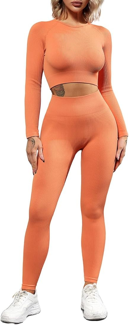 QINSEN Seamless Workout Outfits for Women 2 Piece Ribbed Long Sleeve Crop Top Tummy Control Leggi... | Amazon (US)