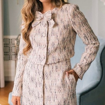 Gal Meets Glam Paige Tweed Jacket Button Front Bow Cropped Blazer, Size 16 | eBay US